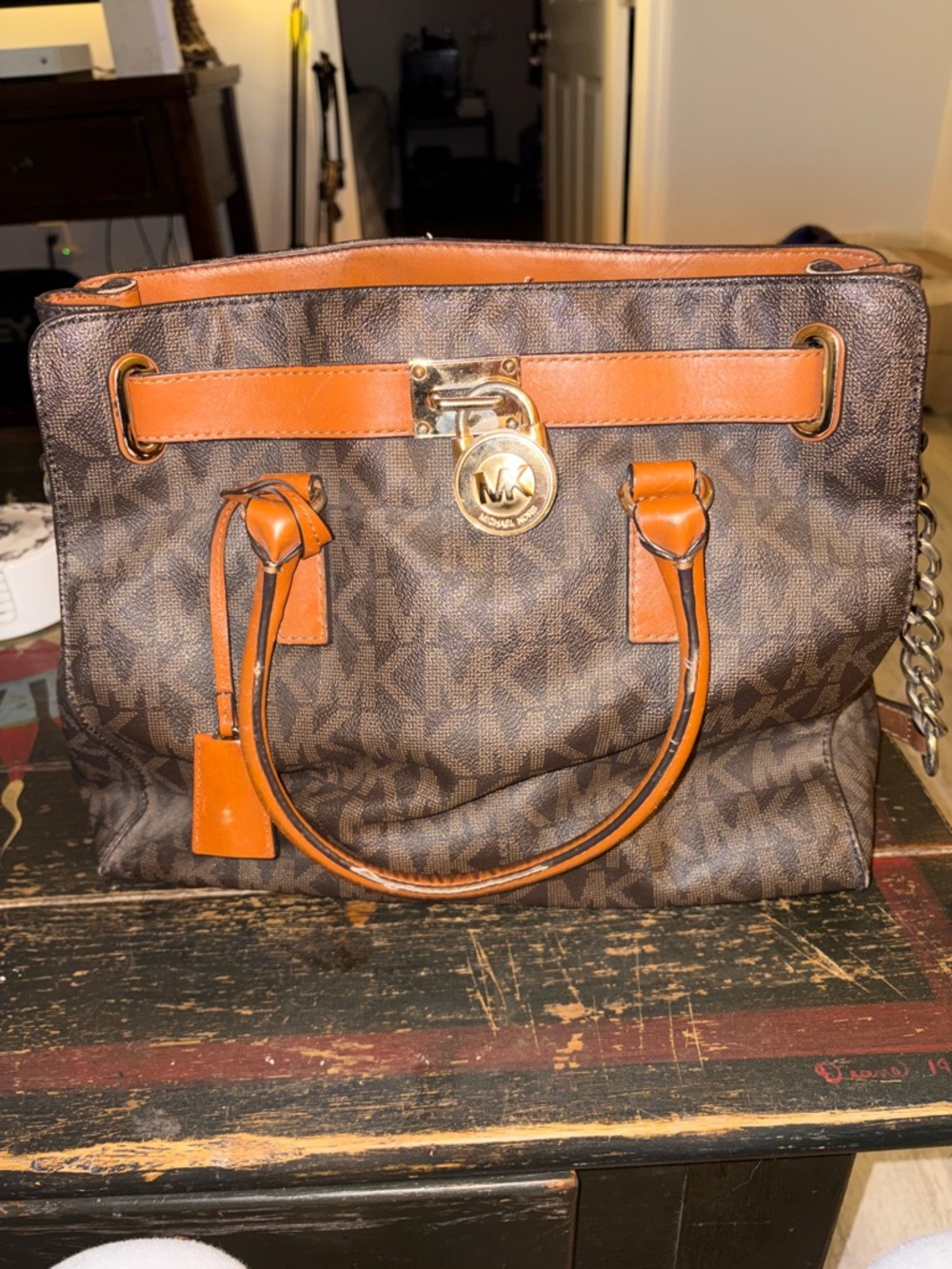 Michael Kors Brown & Tan Logo Satchel with Gold Hardware